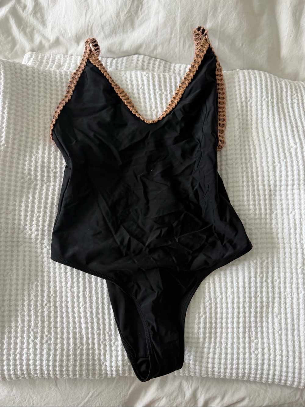 Topshop Black One-Piece with Brown Crochet Trim
